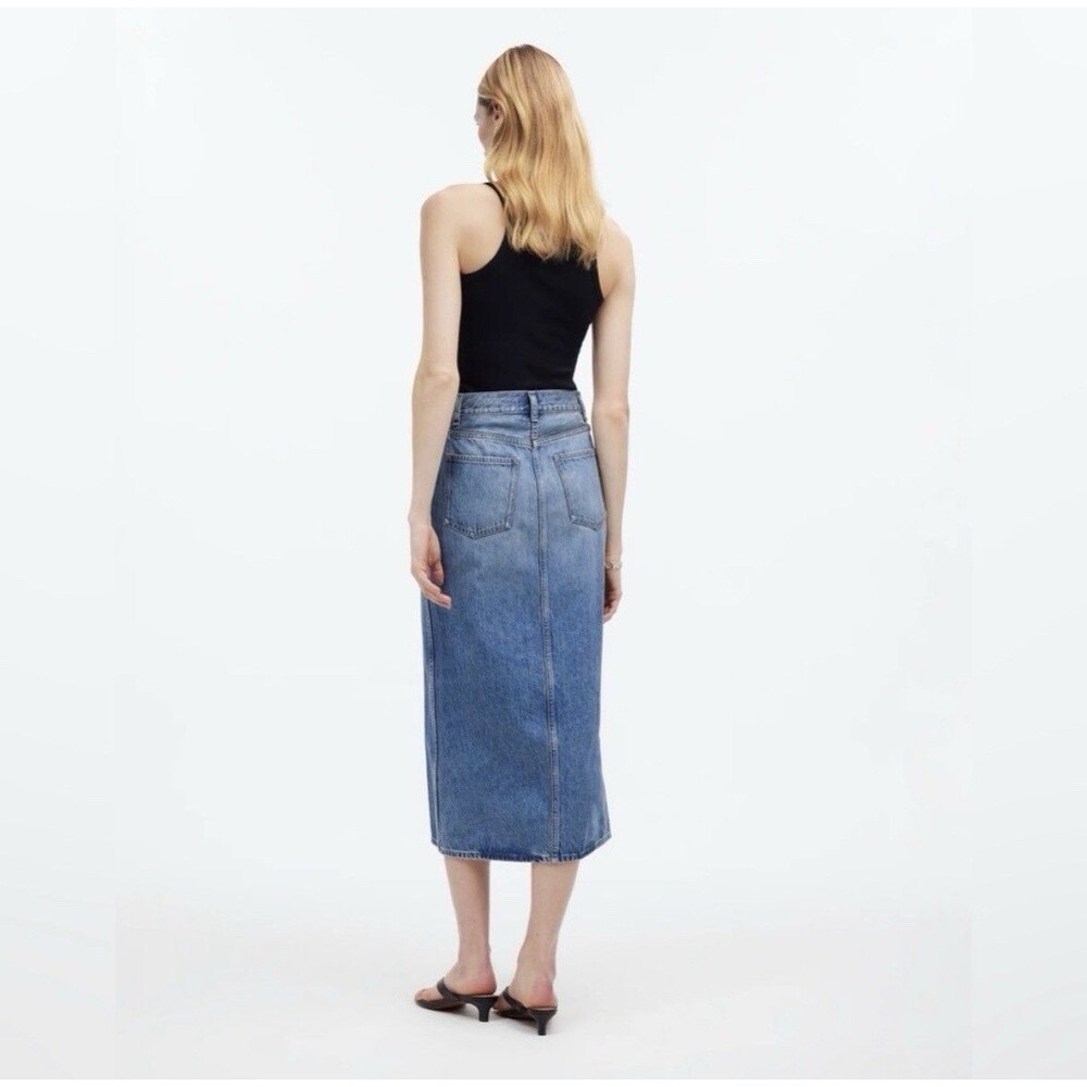 Madewell The Rilee Denim Midi Skirt Mid Wash Front Split Straight Pencil 28 - Picture 2 of 7